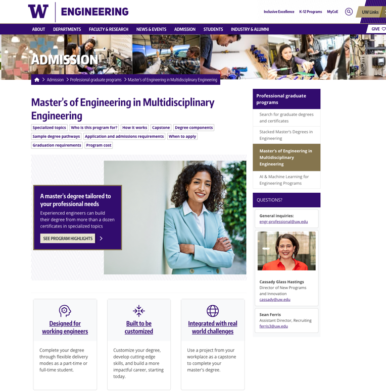 Screenshot of the Multidisciplinary engineering stacked master's degree homepage