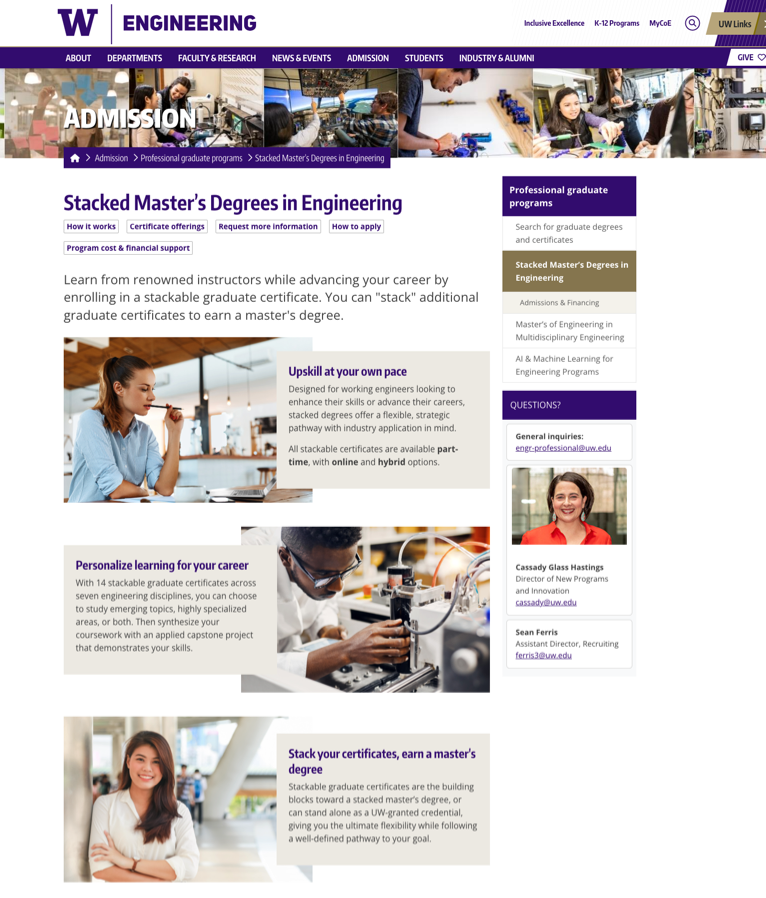 Screenshot of the stacked master's degree homepage